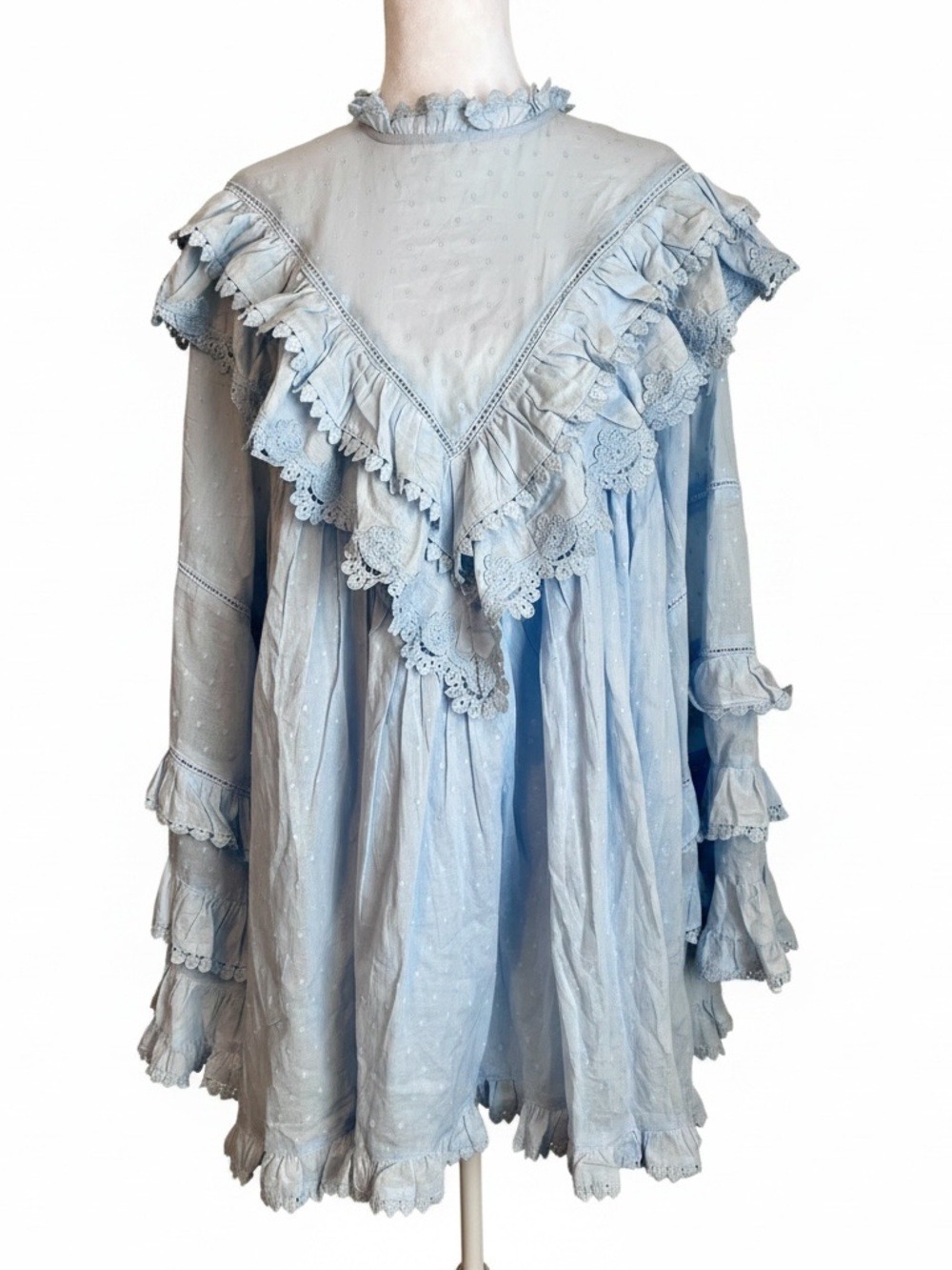 ASOS DESIGN Boho High Neck Angled Frill Mini Dress in Soft Blue - Size 4 - Picture 2 of 8
